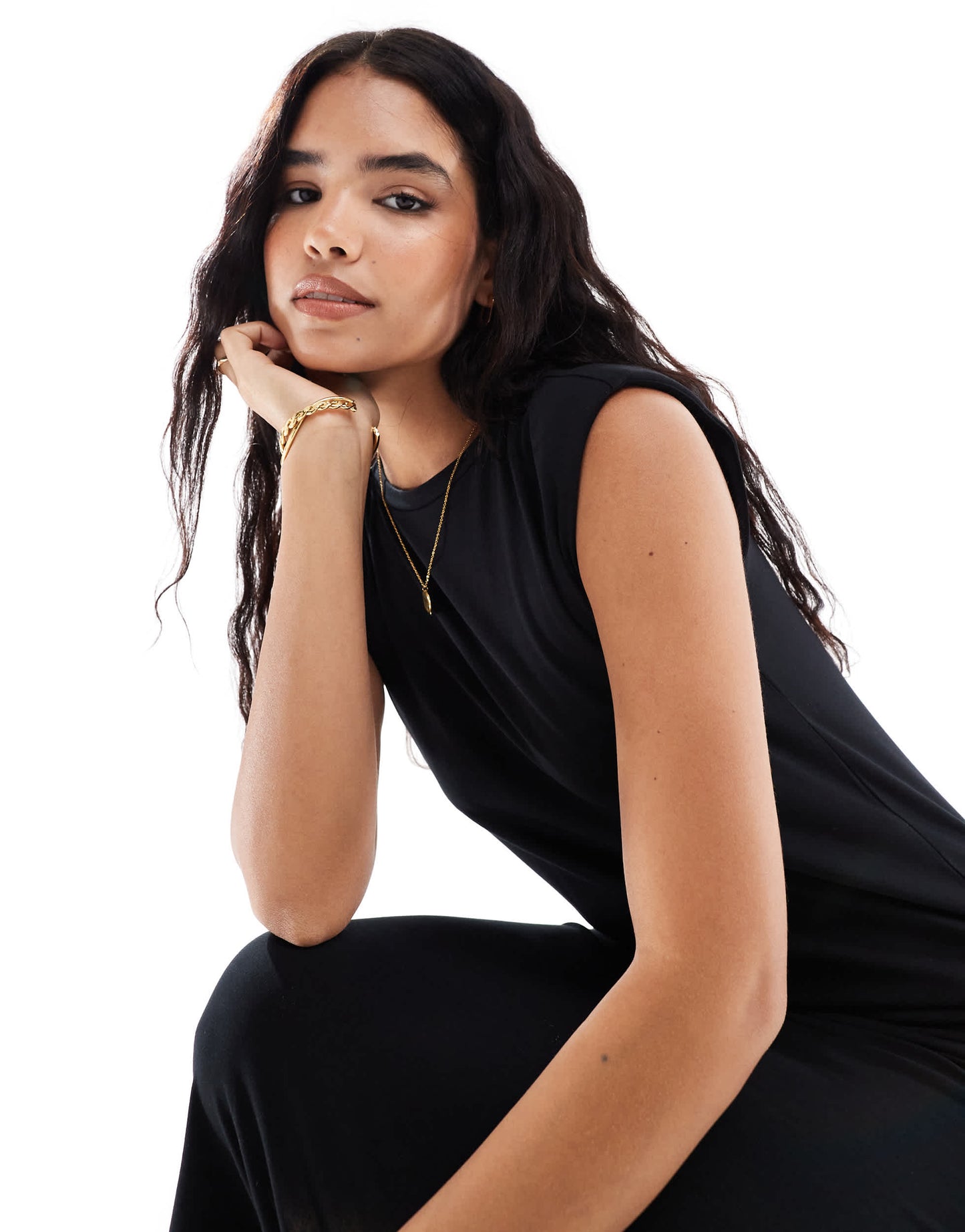 New Look midi dress with shoulder pads in black