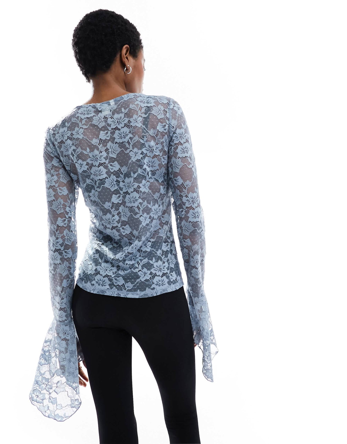 Monki long sleeve trumpet sleeve lace top in dusty blue