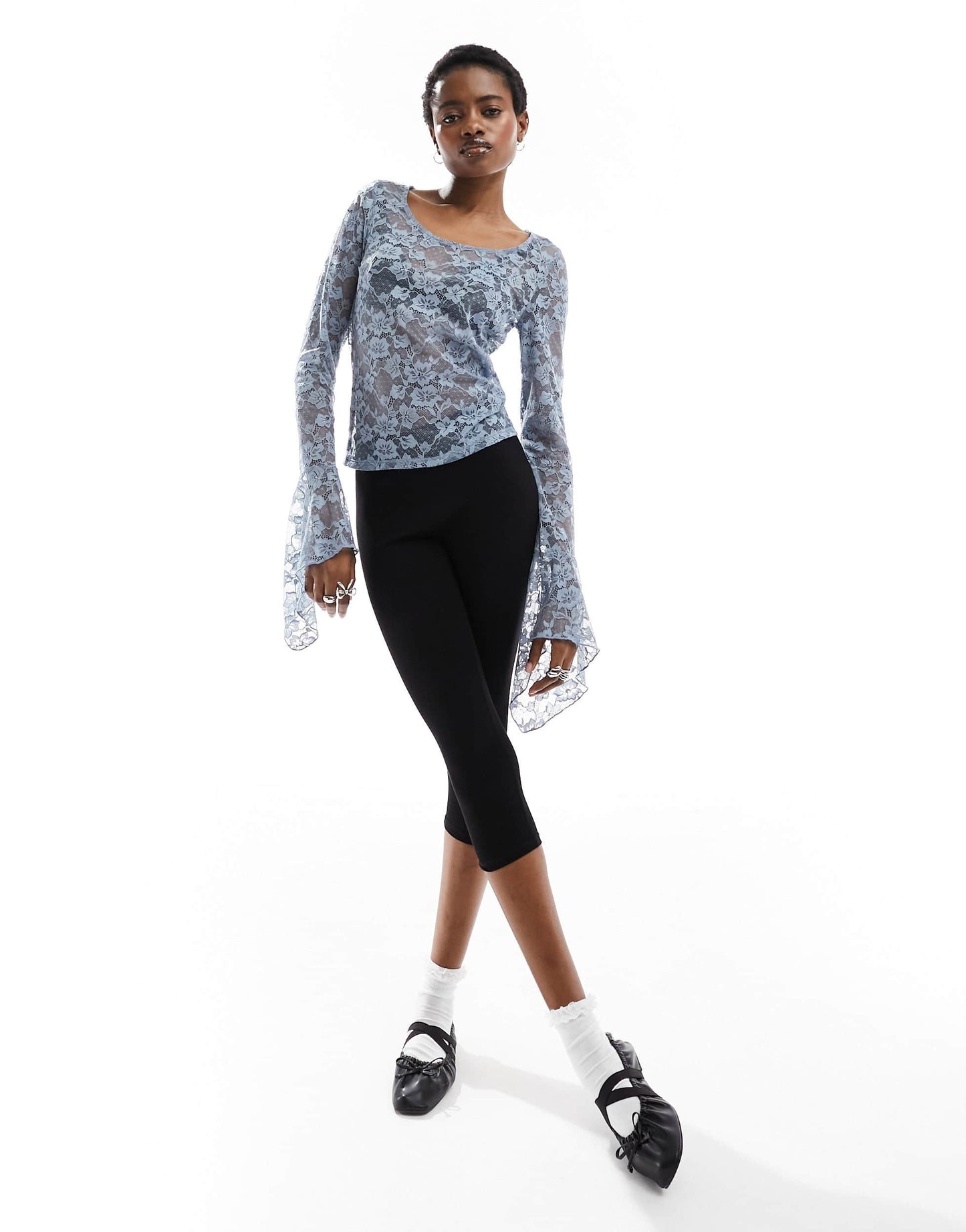 Monki long sleeve trumpet sleeve lace top in dusty blue