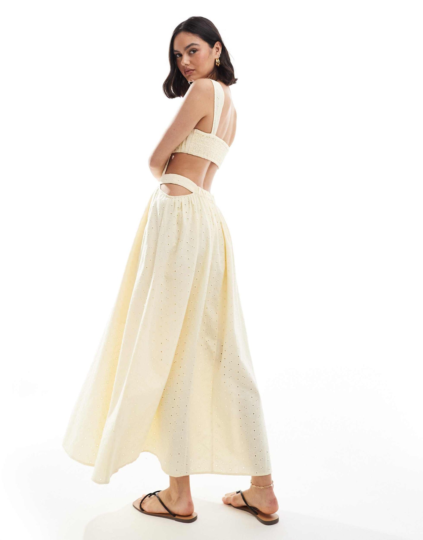 ASOS DESIGN cutwork maxi sundress in all over broderie with ruched bust in honeydew yellow