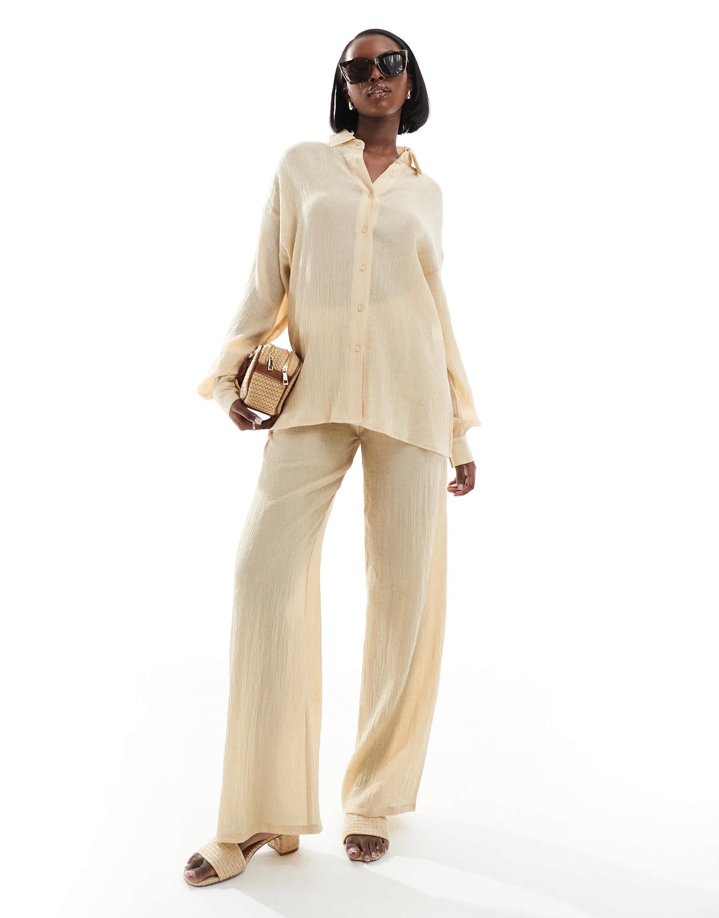 In The Style textured sheer long sleeve shirt co-ord in beige