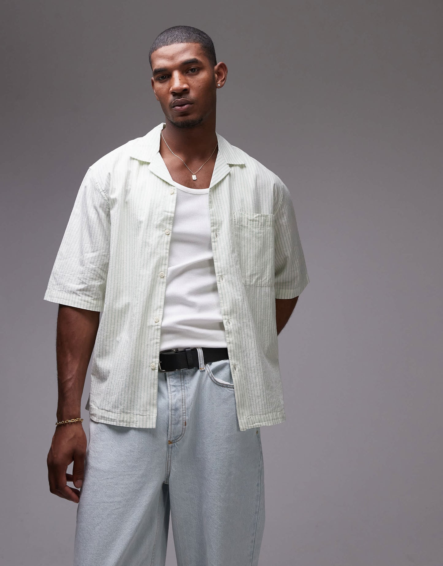 Topman short sleeve boxy striped shirt in ecru