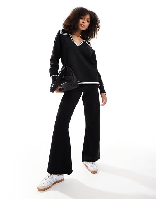 SNDYS knit wide leg trouser with contrast seam co-ord in black