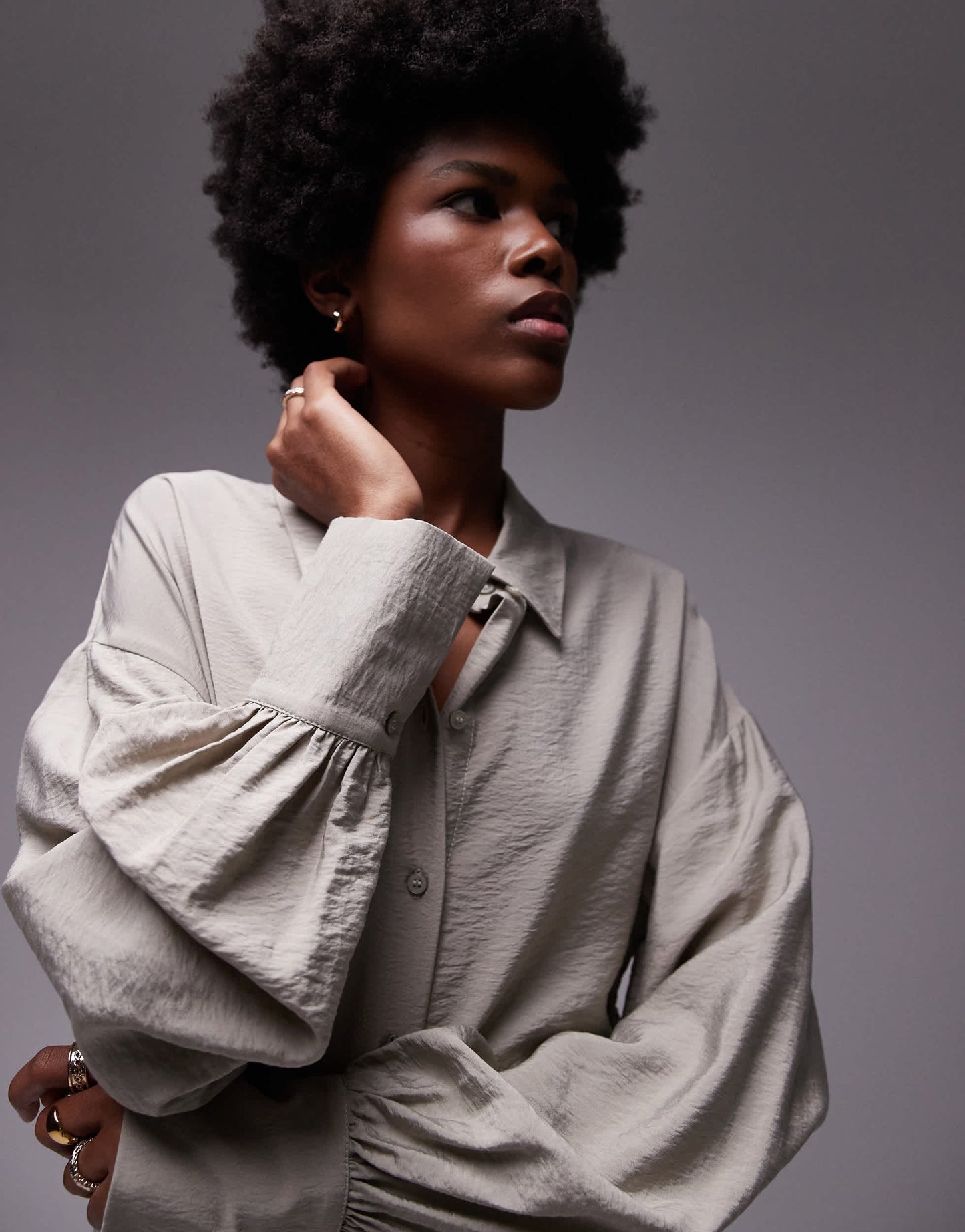 Topshop textured ruched sleeve shirt in sage