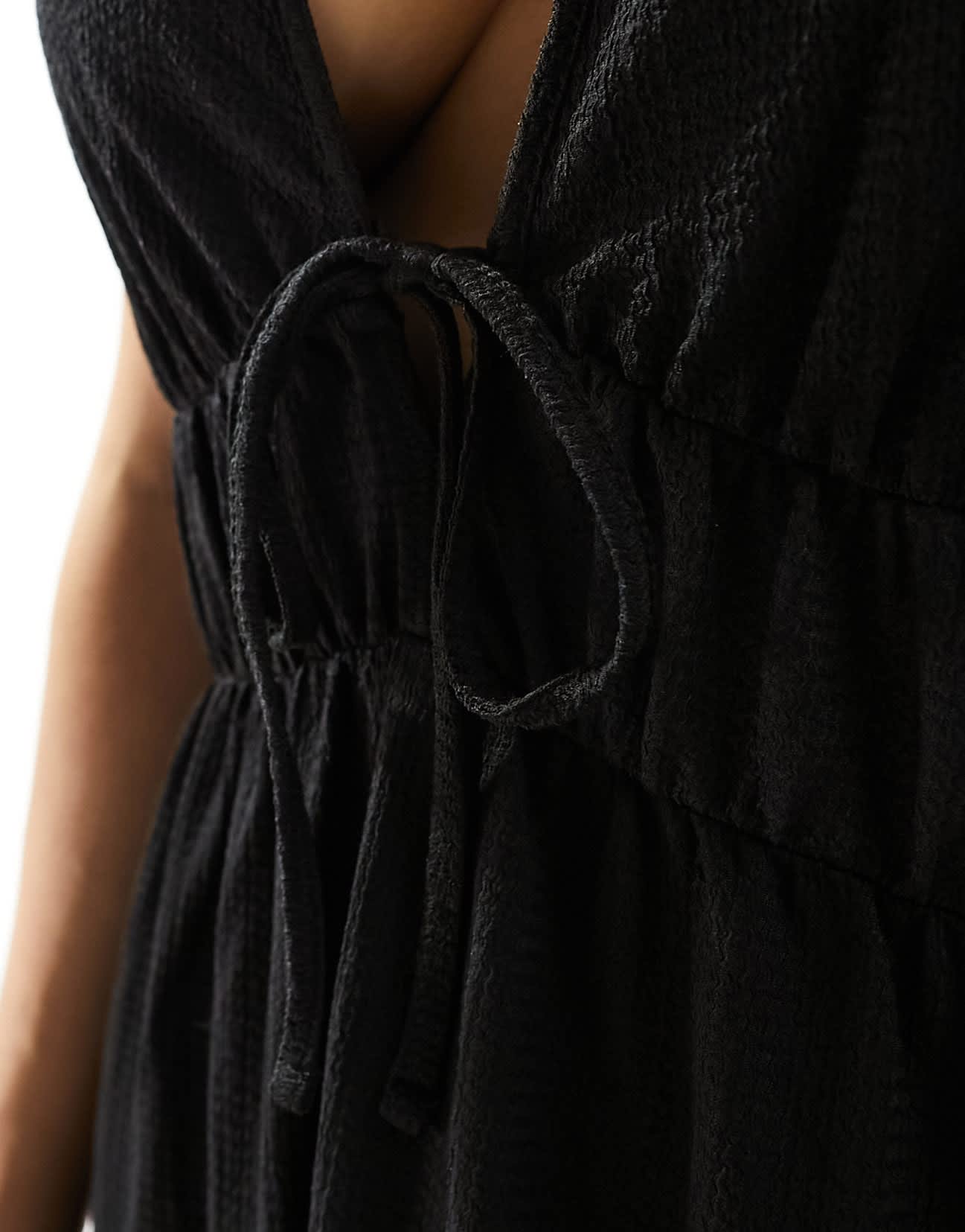 Y.A.S textured double strap tie front cami maxi dress in black