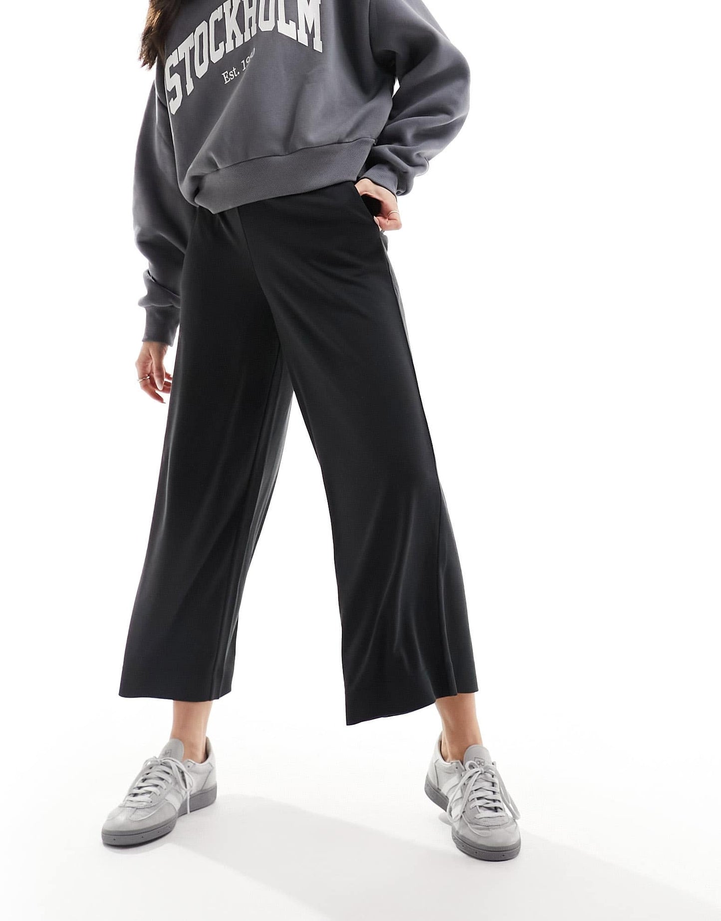 Monki Cilla cropped wide leg trousers in black