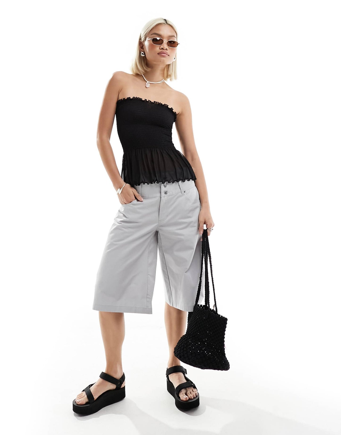 Monki mesh strapless bandeau tube top with peplum hem in black