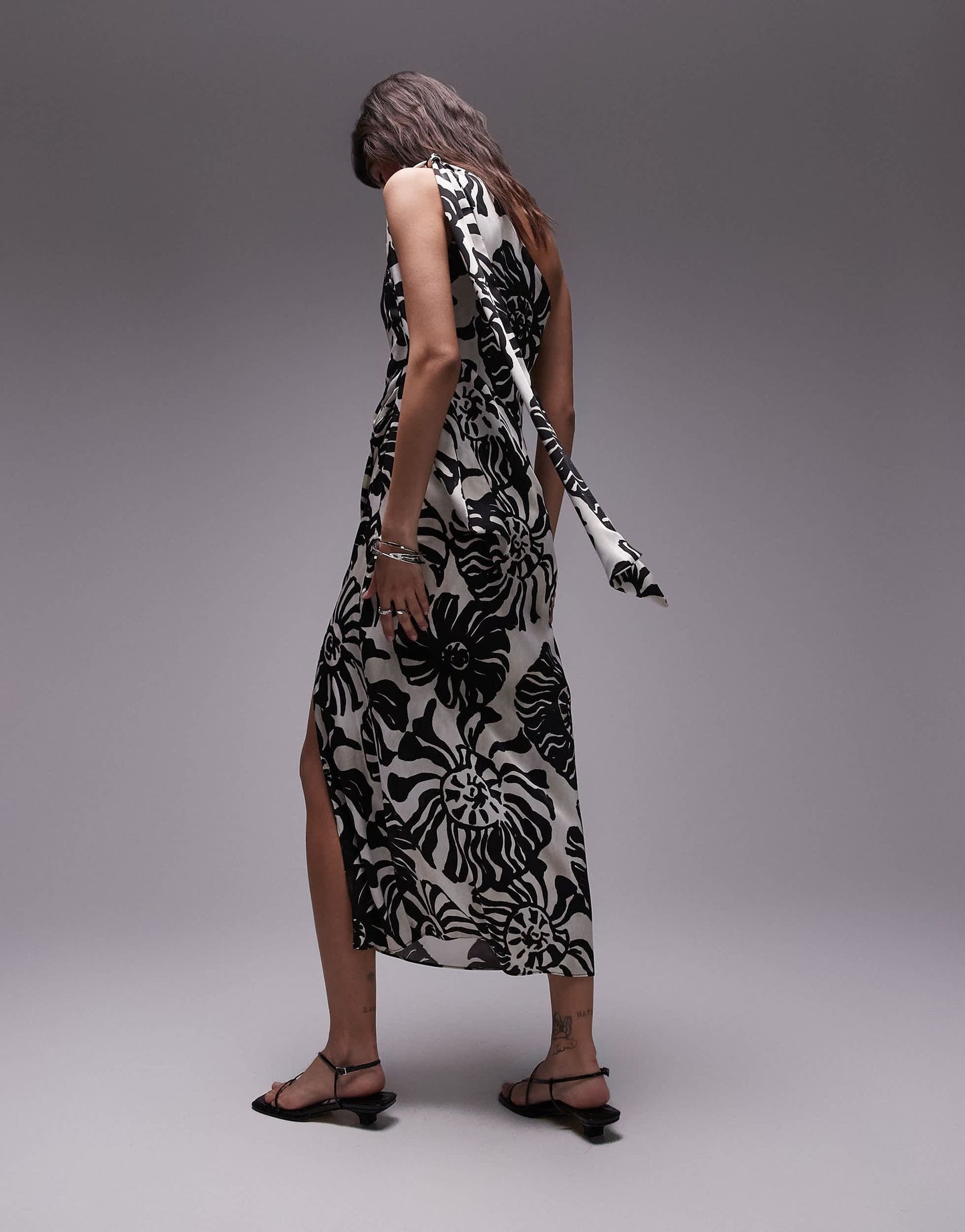 Topshop premium one shoulder drape midi dress in black smudge floral