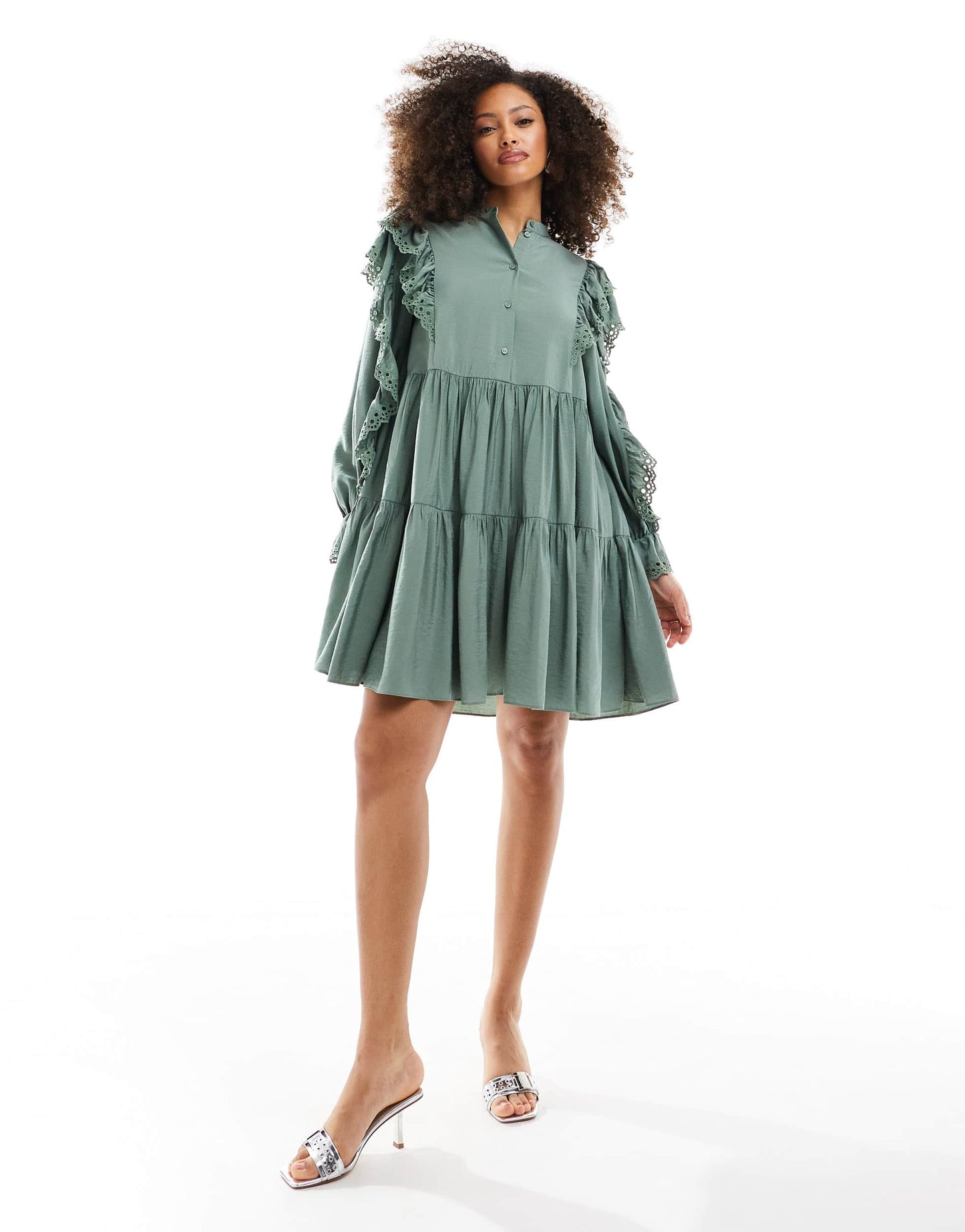 & Other Stories tiered mini smock dress with embroidered frill detail in khaki green