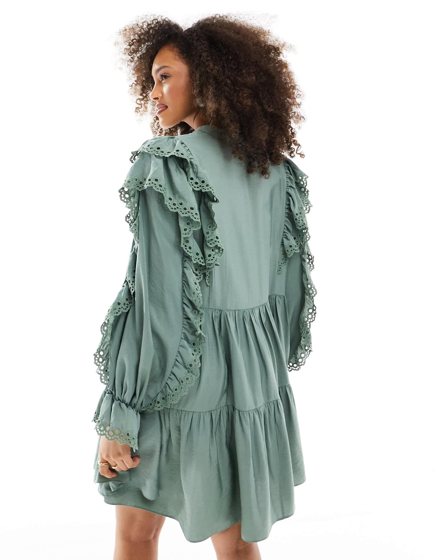 & Other Stories tiered mini smock dress with embroidered frill detail in khaki green