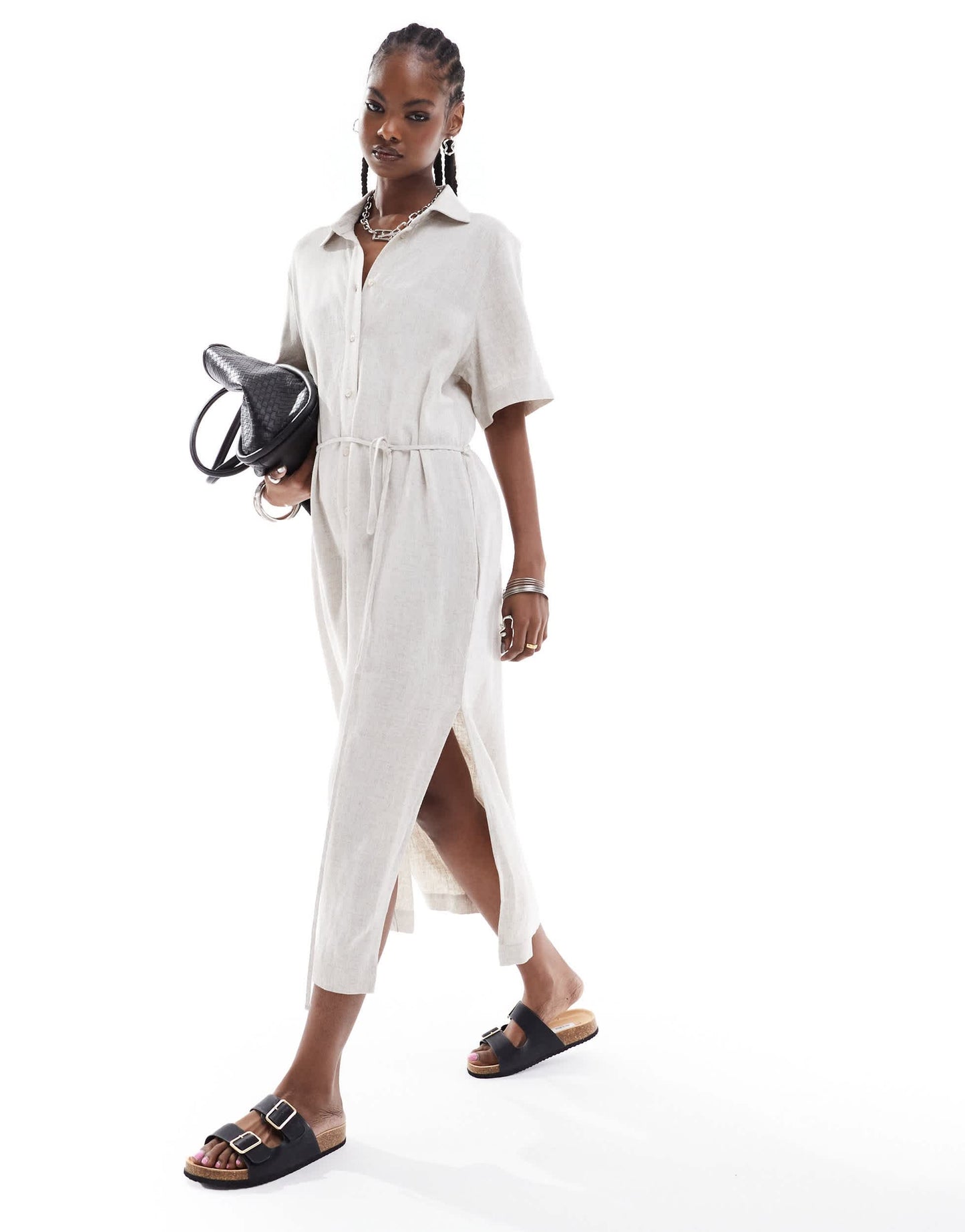 Weekday Carla linen mix midi shirt dress in off-white