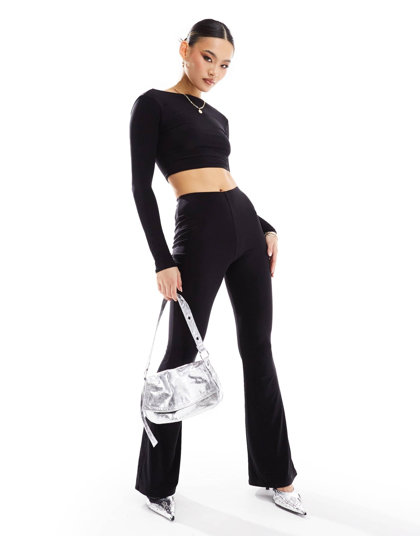 Kaiia exclusive double layered slinky long sleeve low back top in black