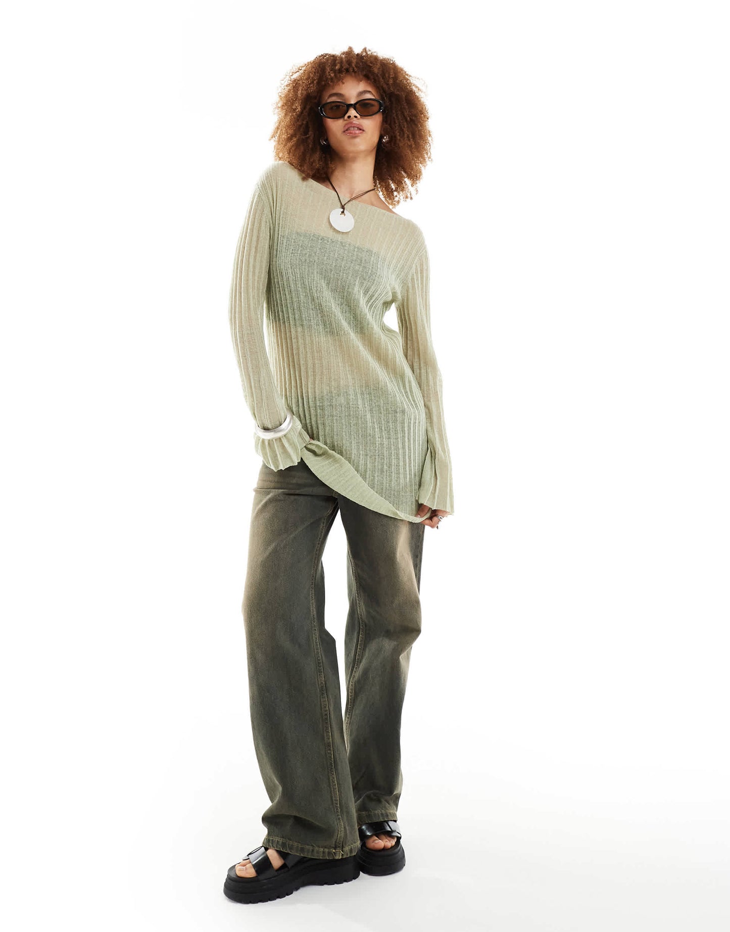 Weekday Molly sheer knit mini dress in khaki green