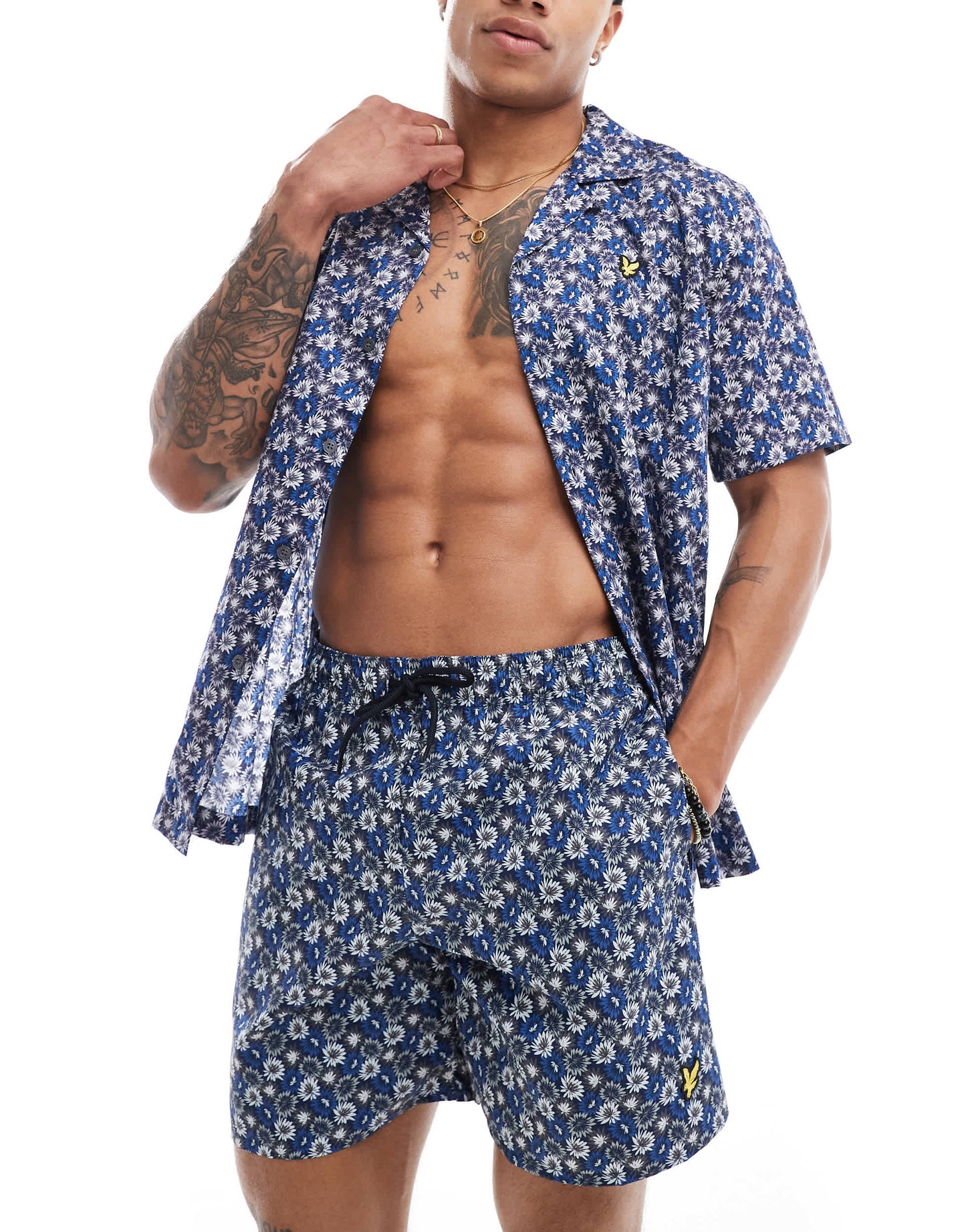 Lyle & Scott floral print short sleeve revere collar resort shirt in navy CO-ORD
