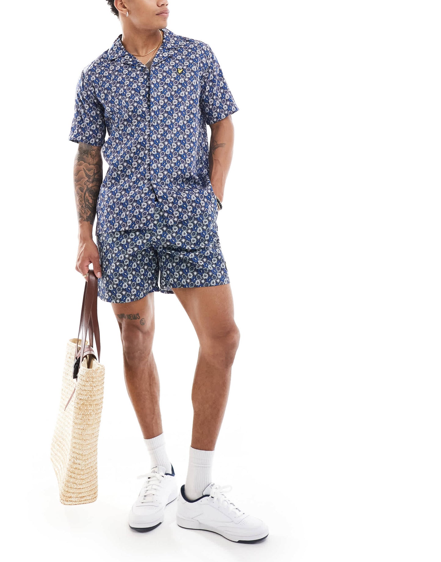 Lyle & Scott floral print short sleeve revere collar resort shirt in navy CO-ORD