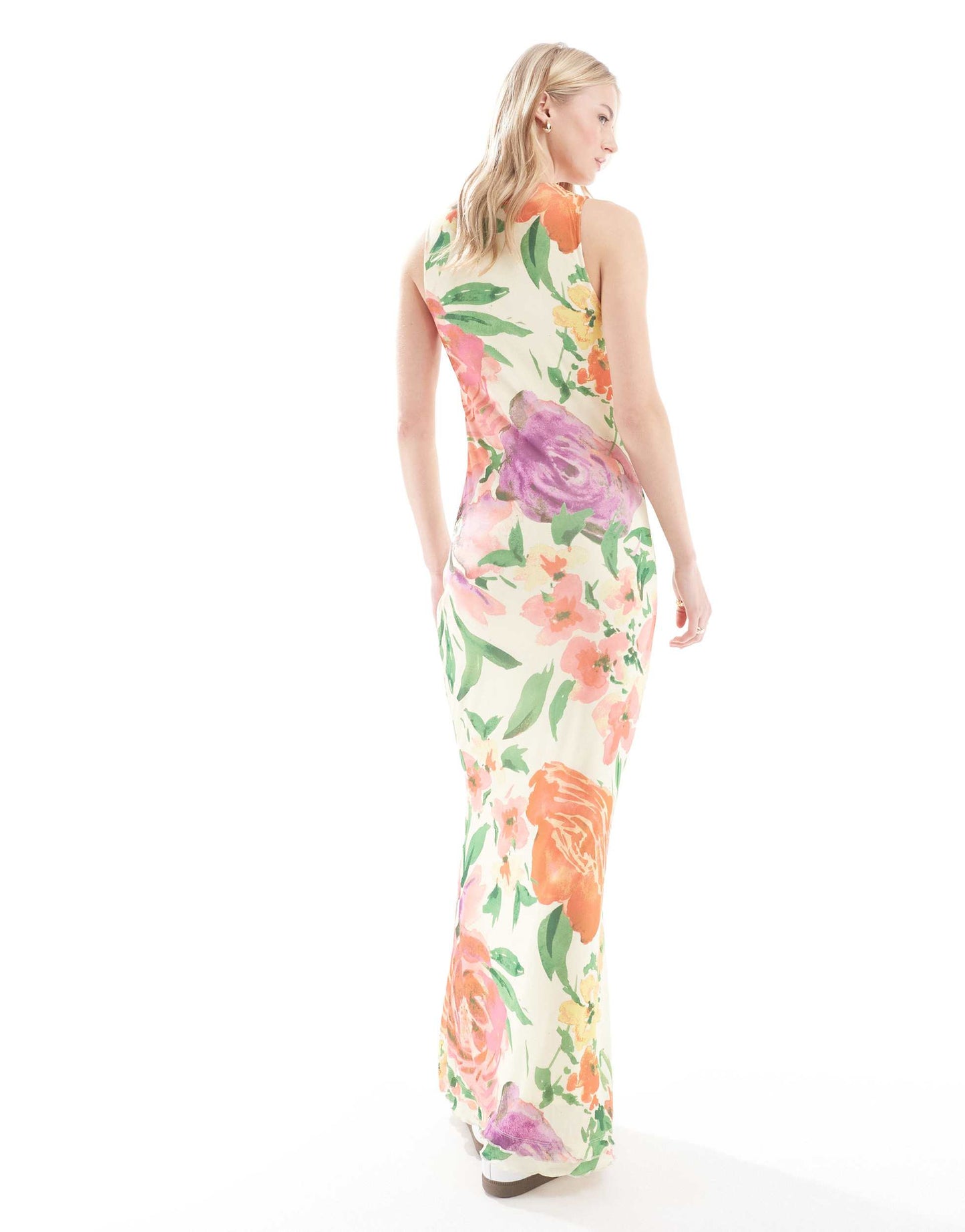 Vero Moda Tall sleeveless lettuce edge mesh dress in summer floral print