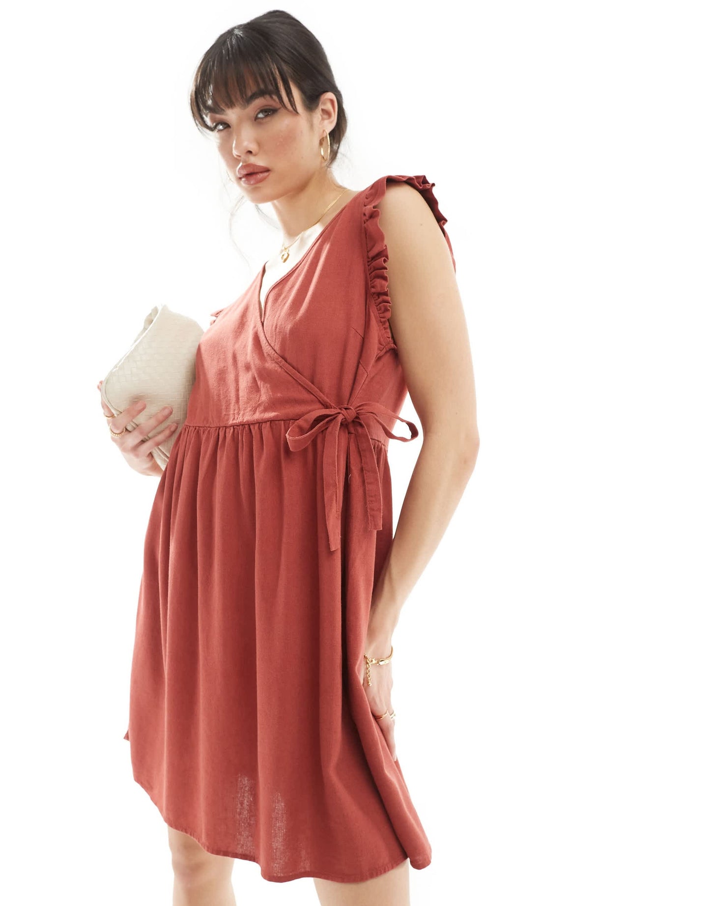 Vero Moda mini dress with wrap front in rust