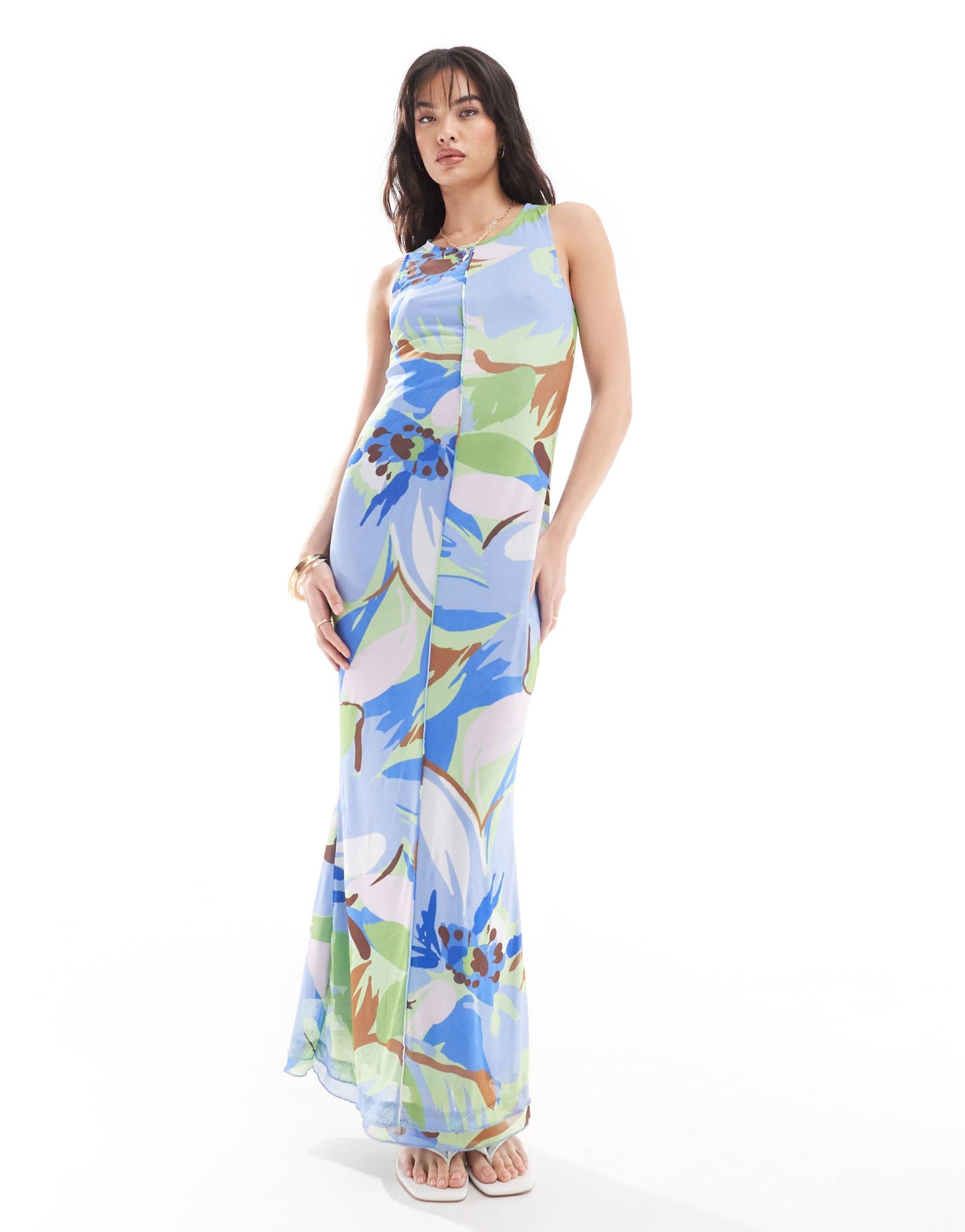 Vero Moda sleeveless lettuce edge mesh dress in blue floral print
