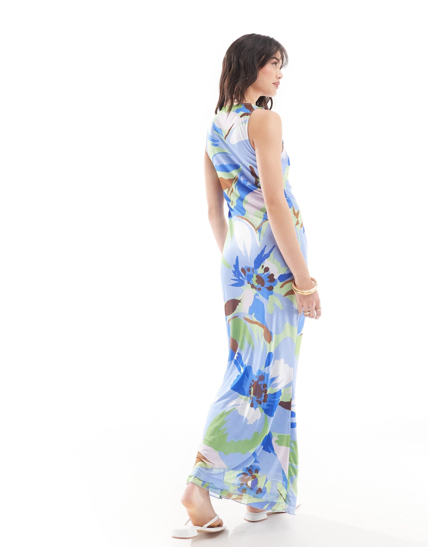 Vero Moda sleeveless lettuce edge mesh dress in blue floral print
