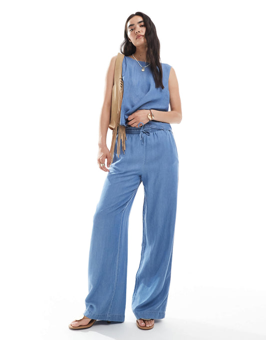 Vero Moda wide leg trousers co-ord in medium blue chambray