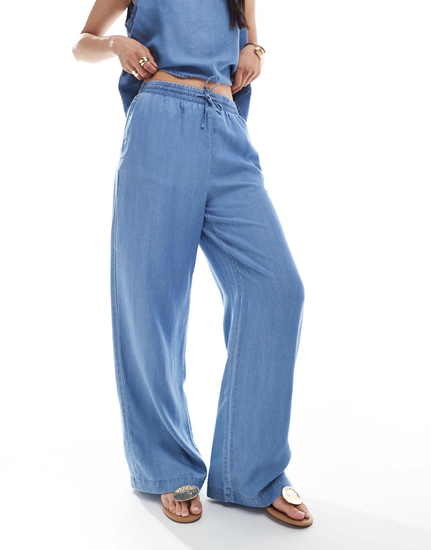 Vero Moda wide leg trousers co-ord in medium blue chambray