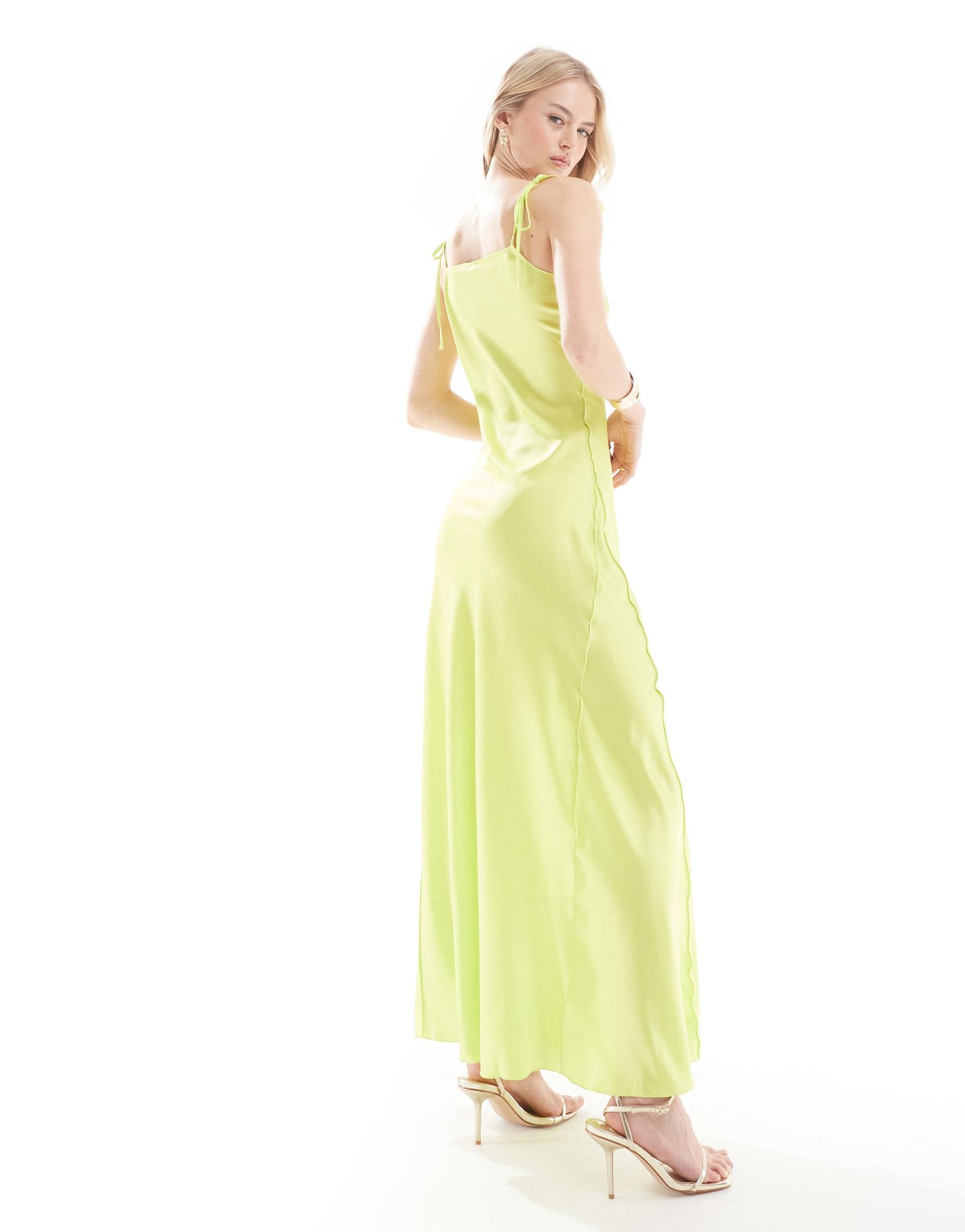 Vero Moda Tall satin tie shoulder maxi slip dress with seam detail in lime