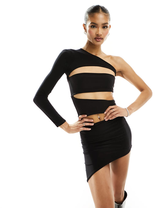 Missyempire slinky one sleeve cut out mini dress in black