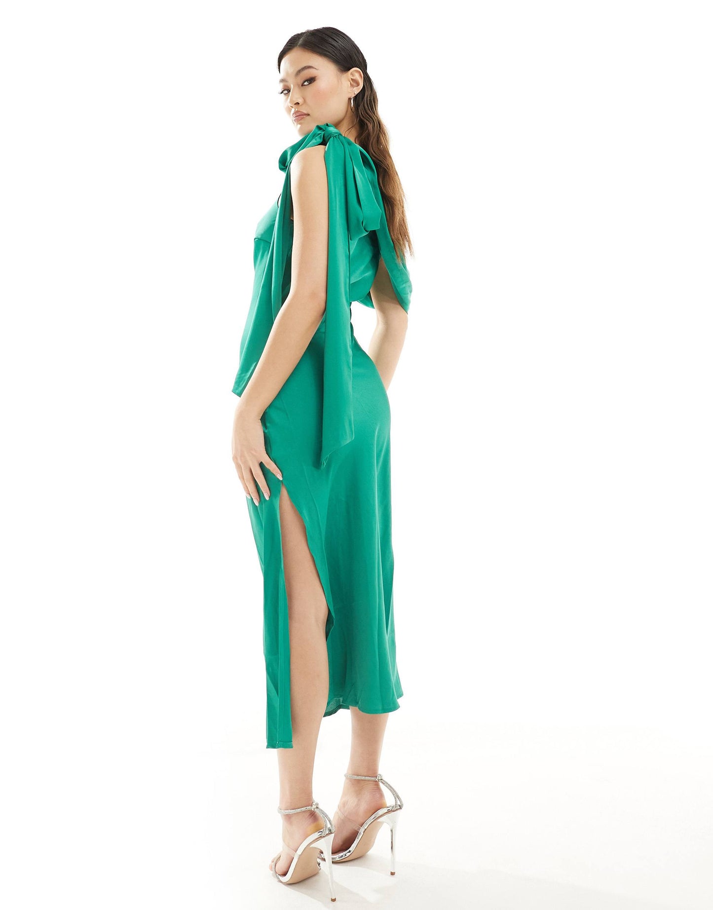 In The Style x Terrie Mcevoy satin draped neckline asymmetric midi dress in green