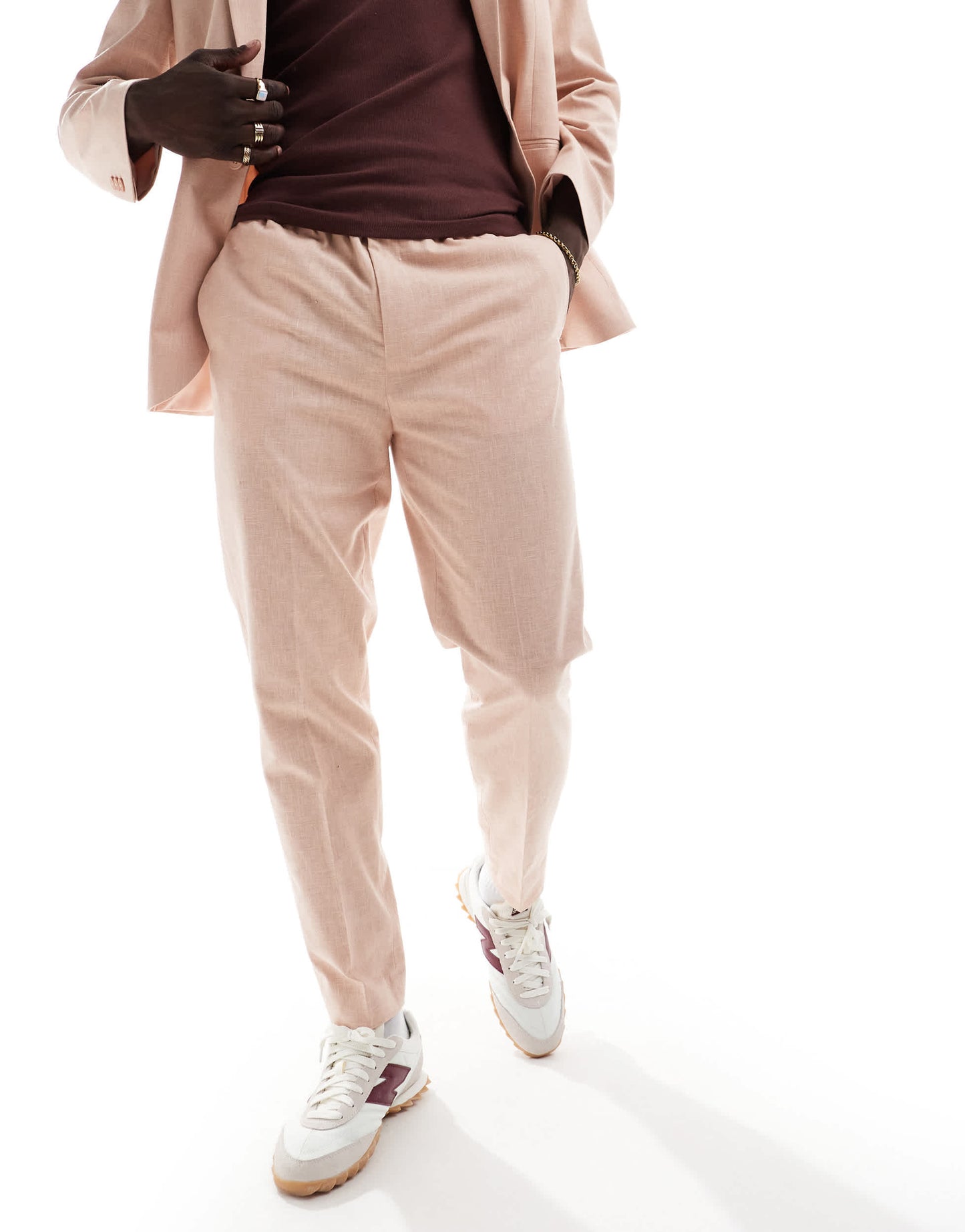 ASOS DESIGN tapered with linen pull on suit trouser in pink