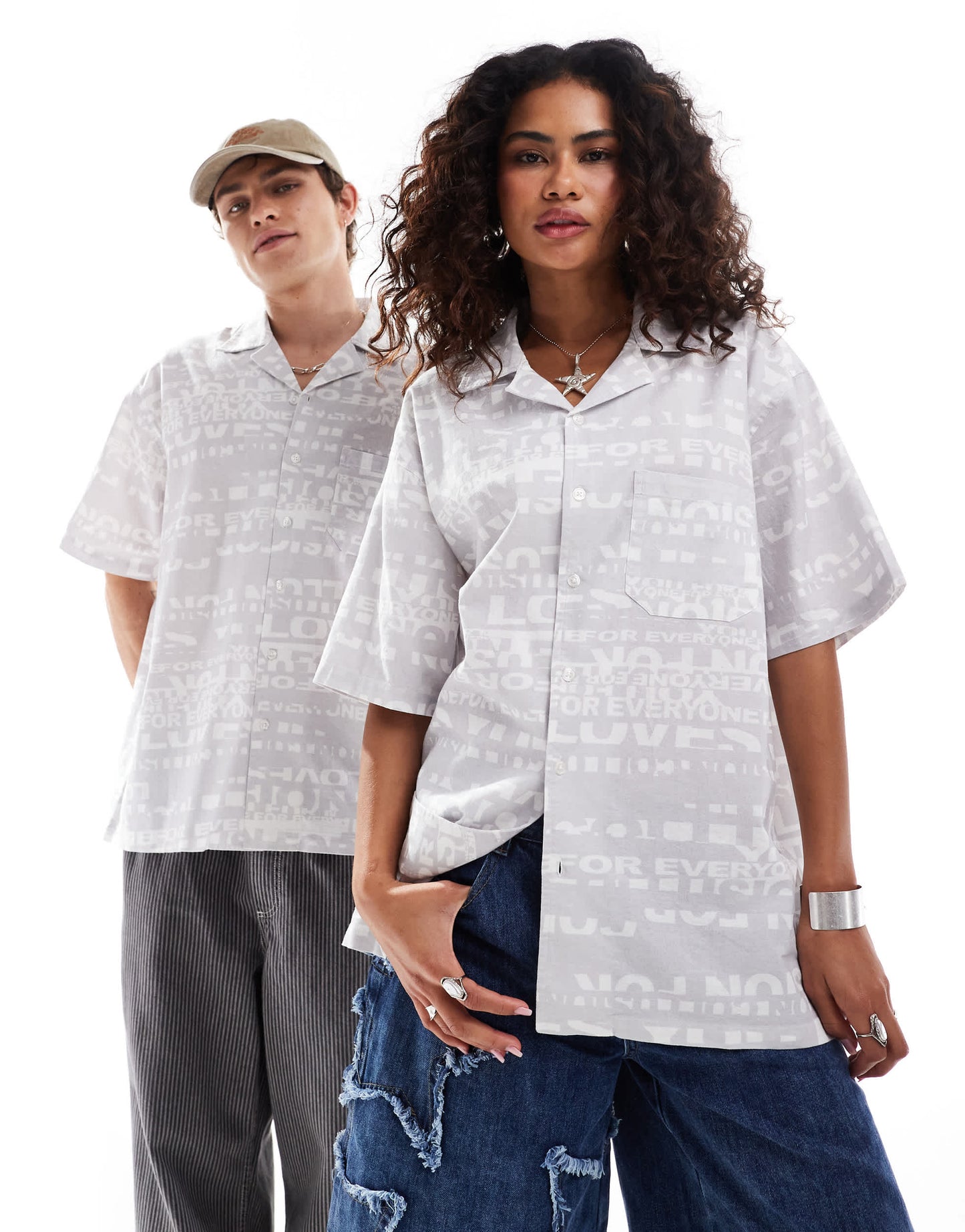 COLLUSION Unisex cotton woven revere shirt in grey news print - LGREY