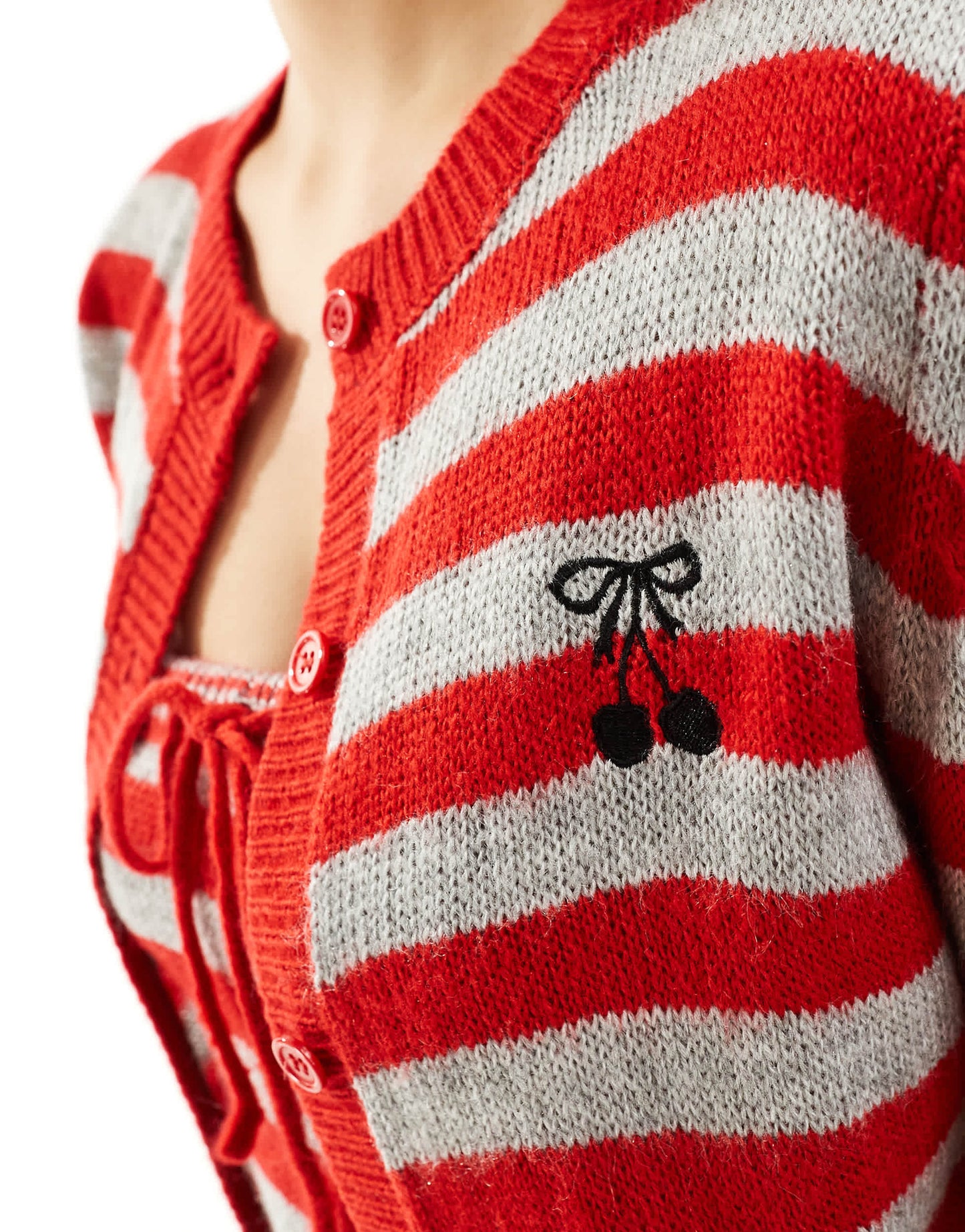Motel bold stripe cherry cardigan in red and grey