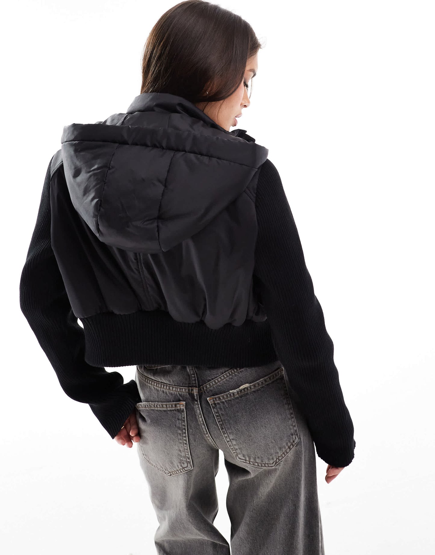 ASOS DESIGN hybrid knit and nylon bomber in black