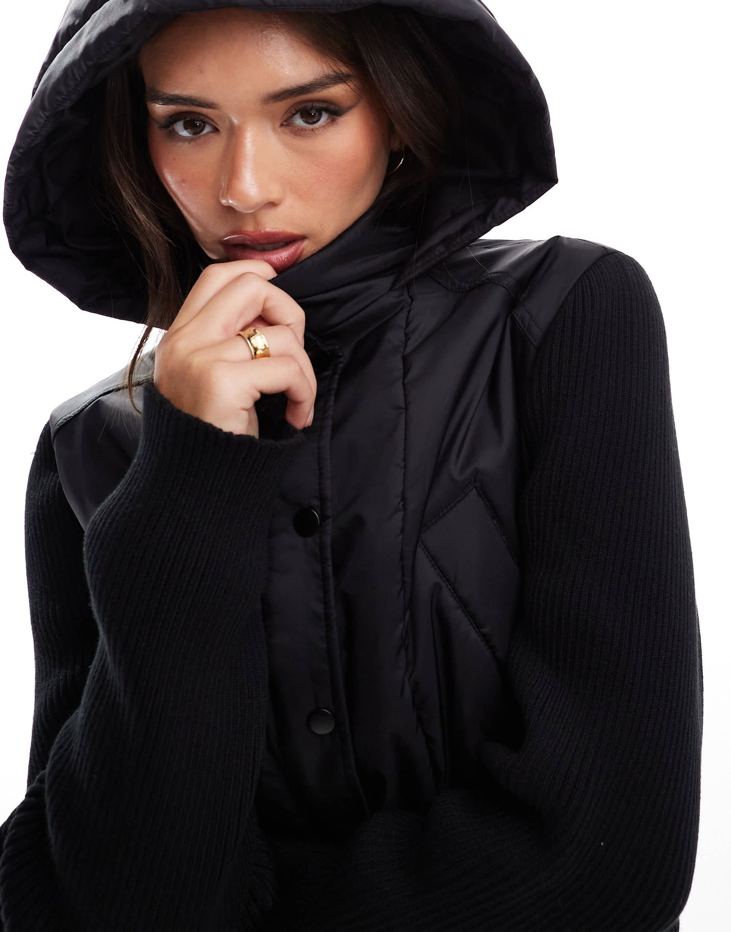 ASOS DESIGN hybrid knit and nylon bomber in black