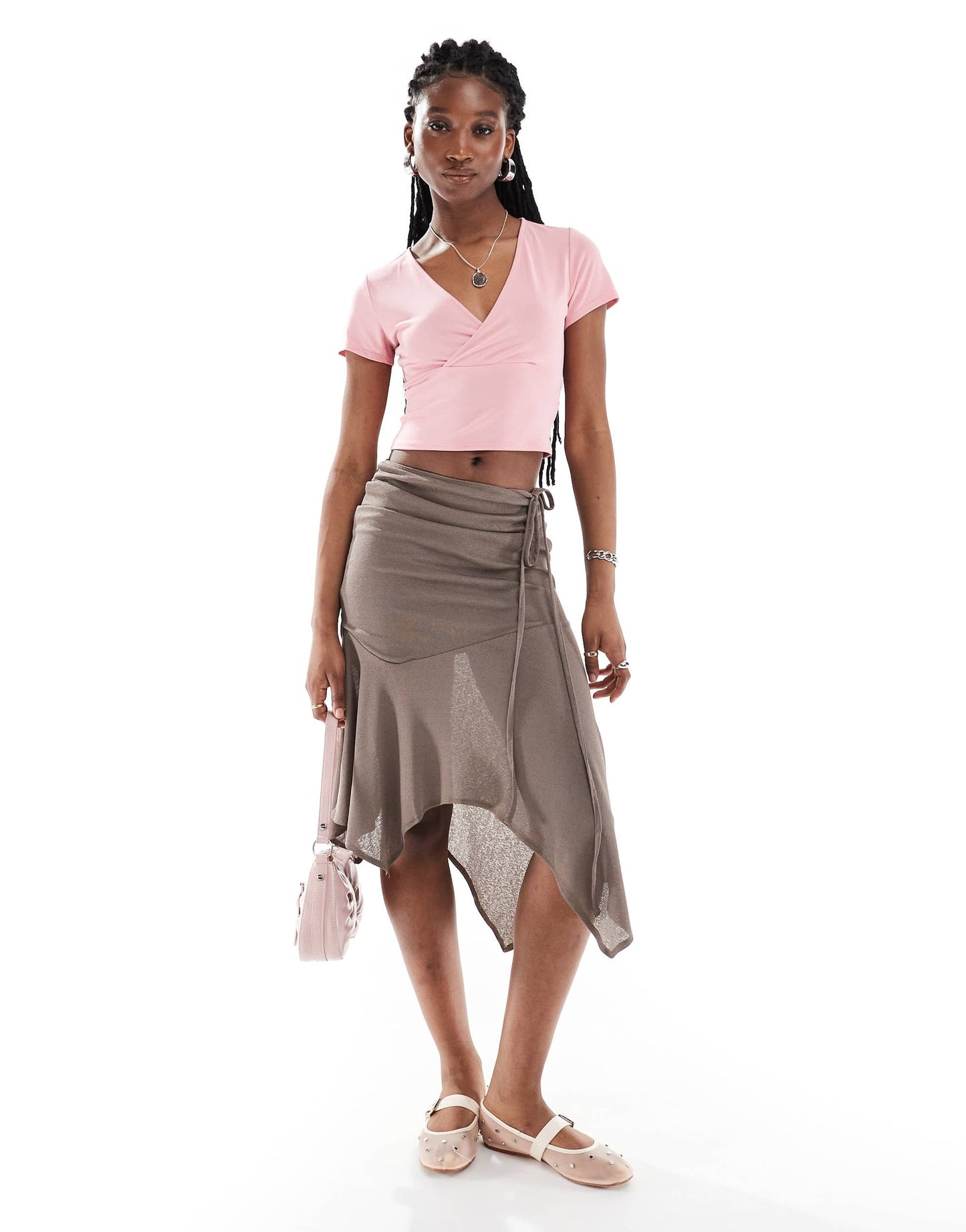 Monki super soft cropped short sleeve top with wrap front detail in pink
