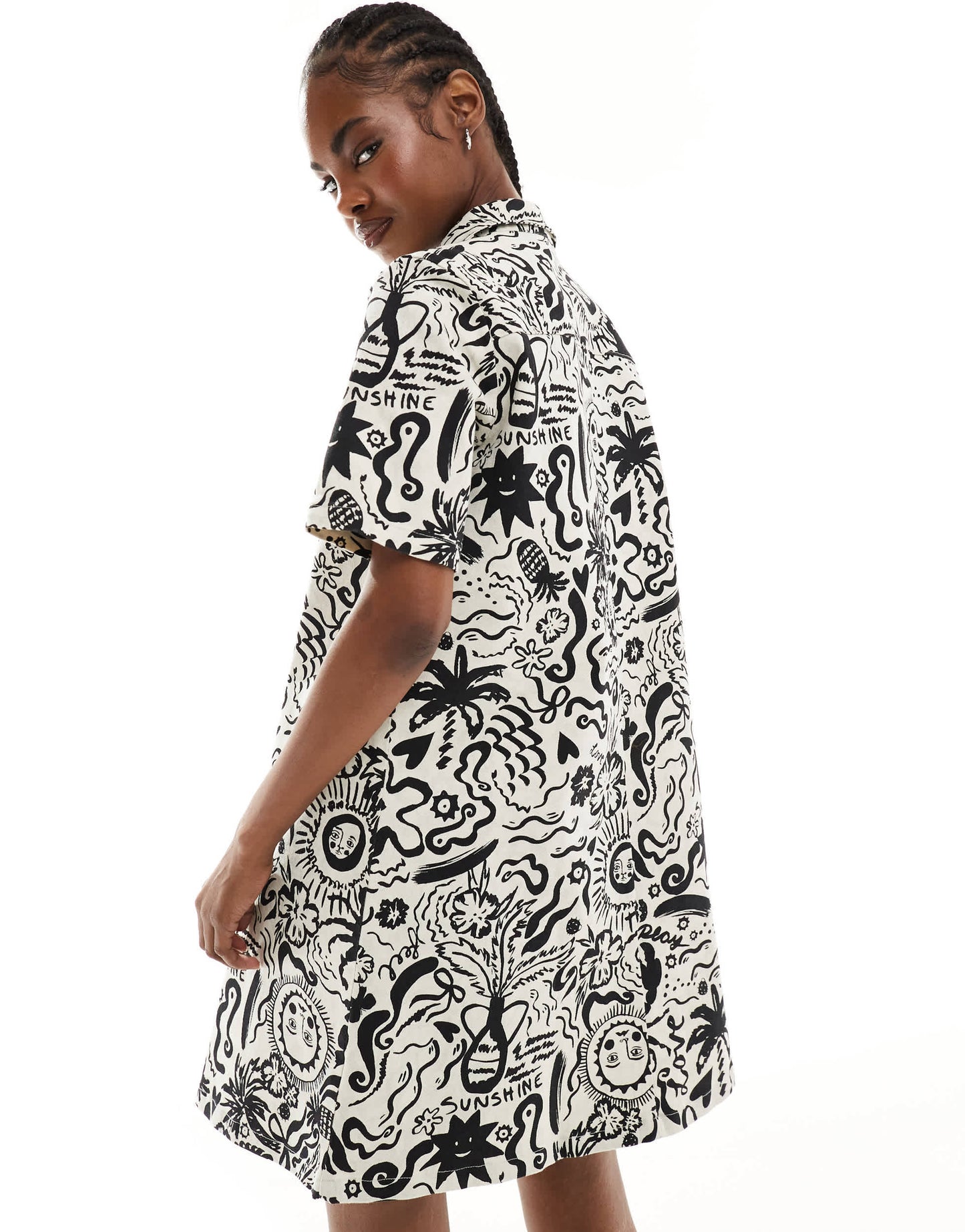 Monki short sleeve button through collar mini shirt dress in mono summer print
