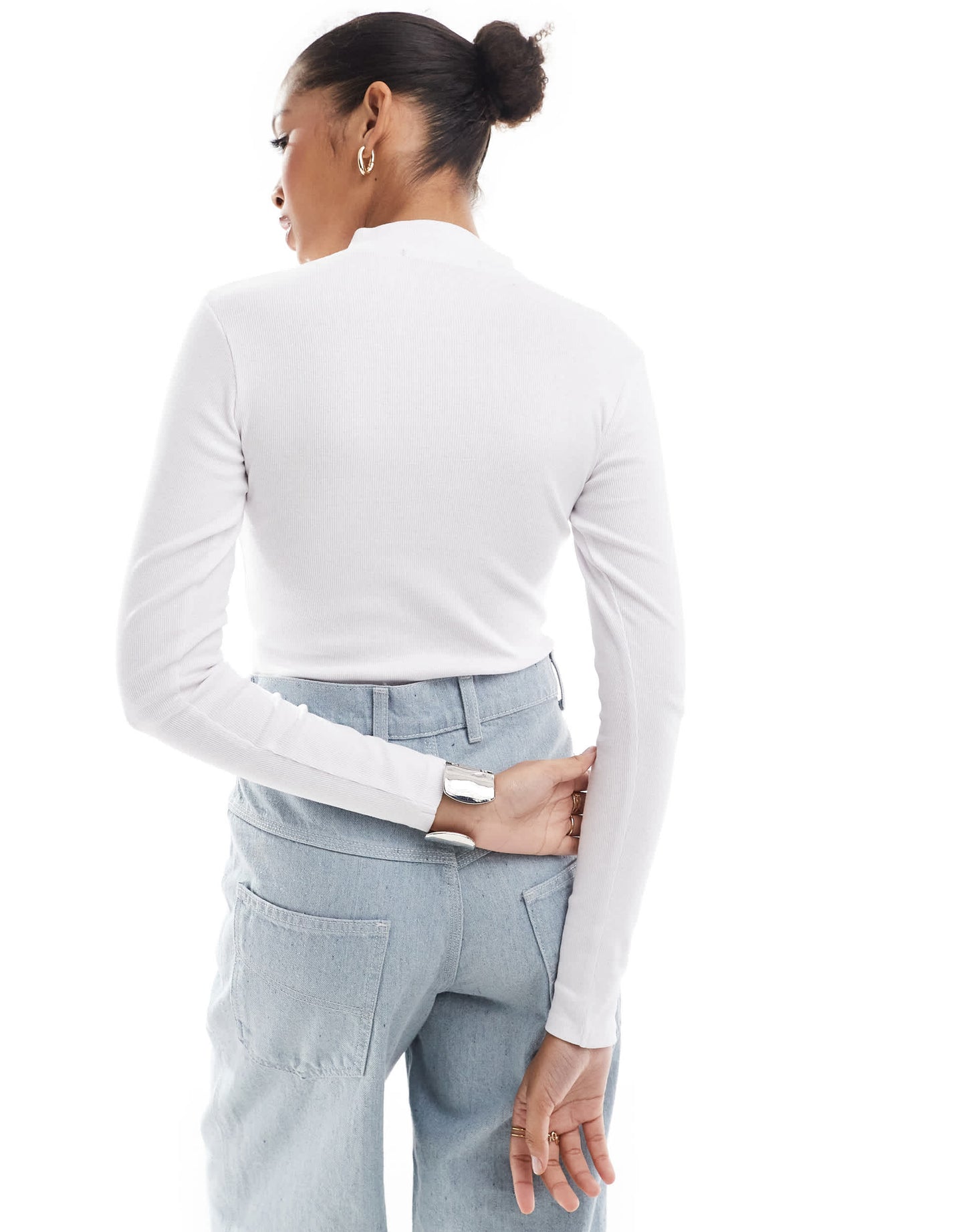 Threadbare ribbed high neck half zip long sleeve bodysuit in white