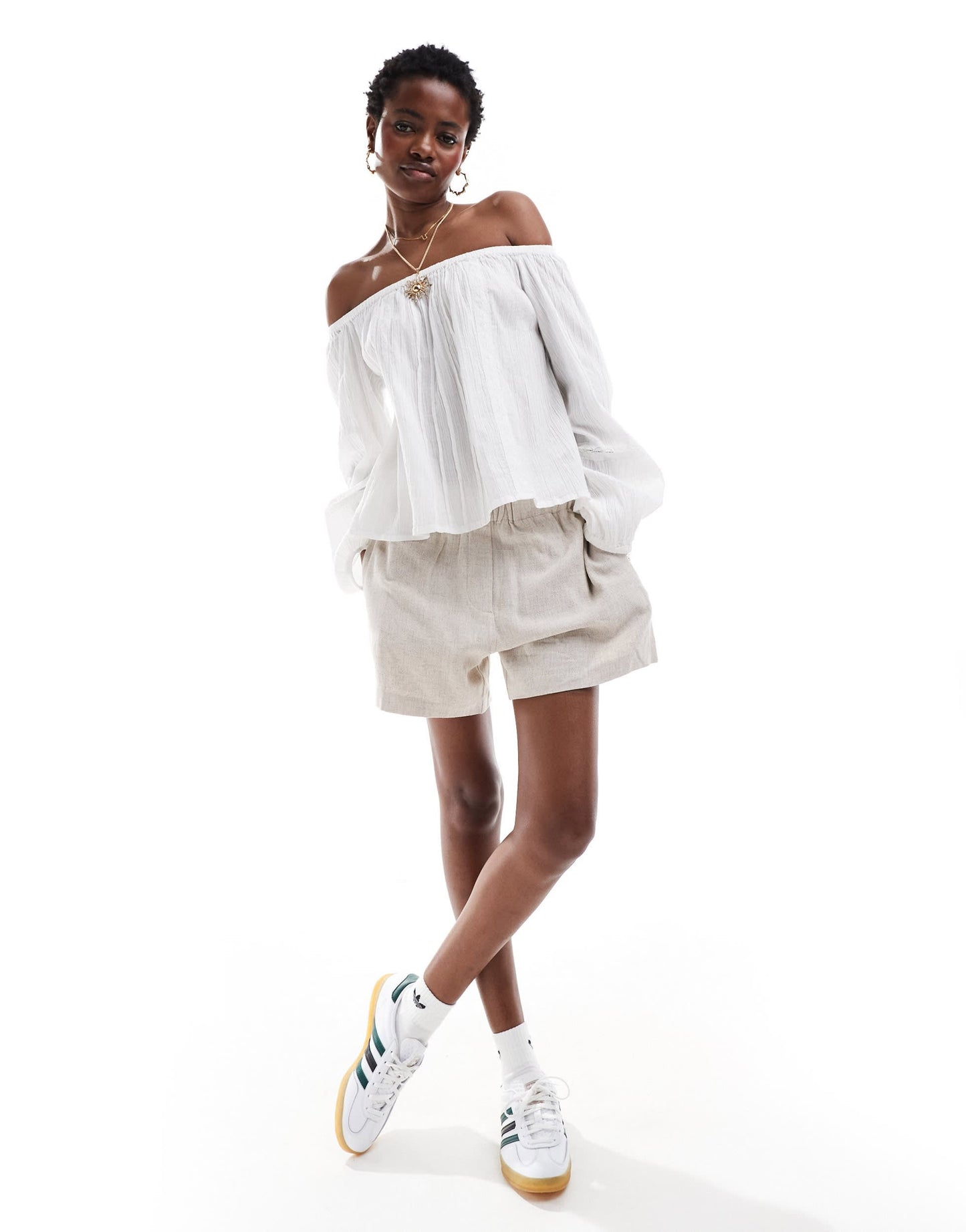 Monki off shoulder blouse with pleated bodice and volume sleeves in white