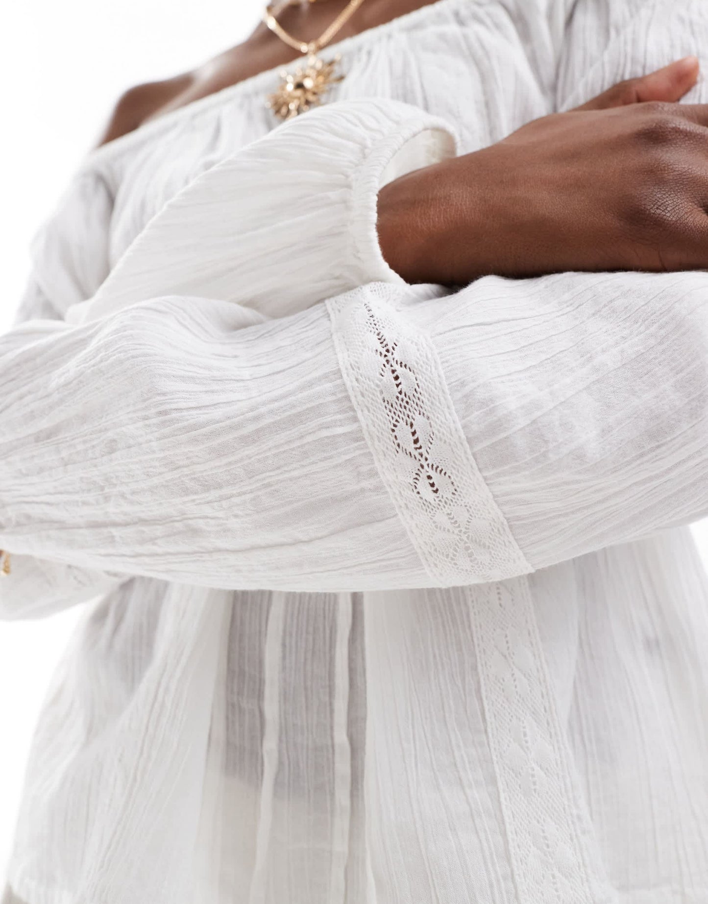 Monki off shoulder blouse with pleated bodice and volume sleeves in white