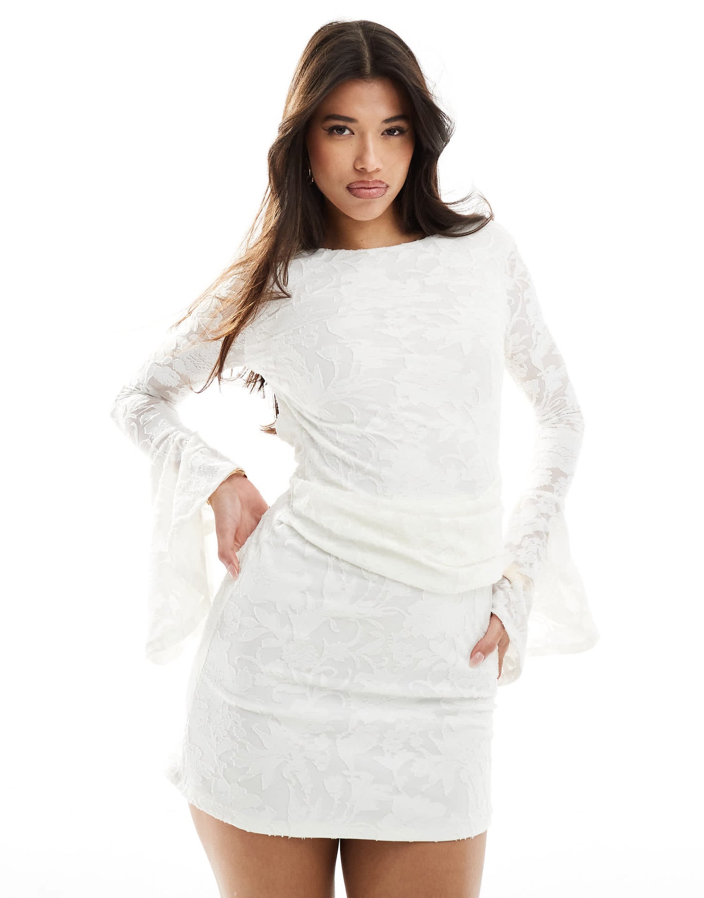 ASOS DESIGN low back devore mini dress with wide cuffs in ivory