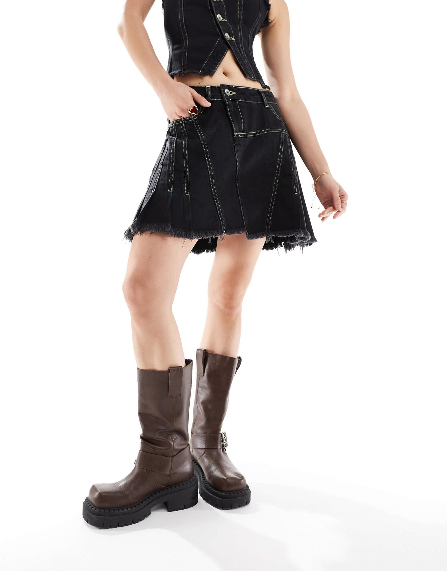 COLLUSION asymetric denim contrast seam festival skirt co-ord in black