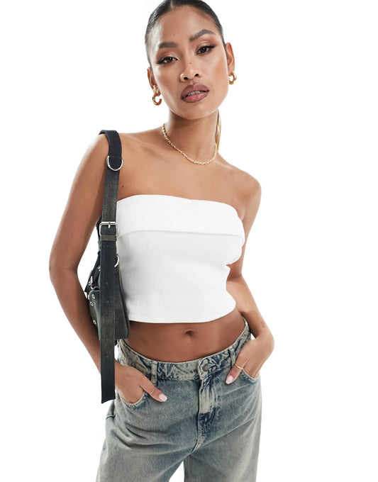 Kaiia exclusive ribbed fold over bandeau top in white
