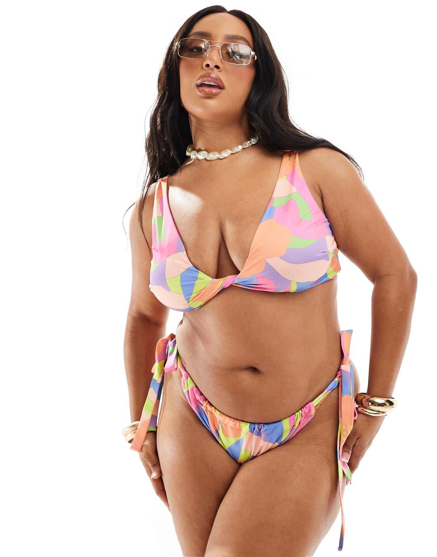 ASOS DESIGN Curve mix and match tie side bikini bottom in pastel abstract floral print