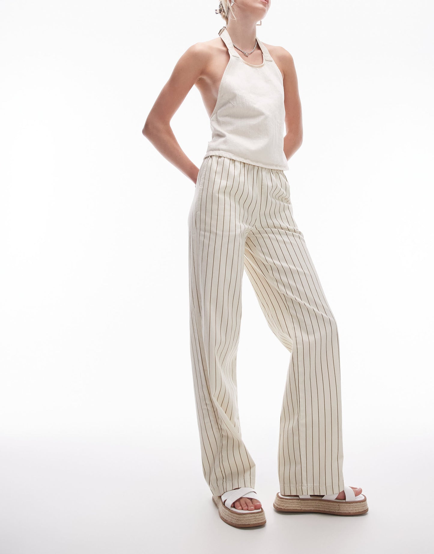 Topshop Tall stripe pull on straight leg trouser in ecru