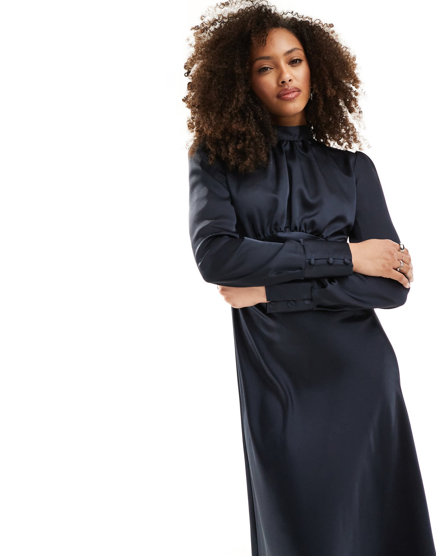 ASOS DESIGN high neck maxi satin tea dress in navy