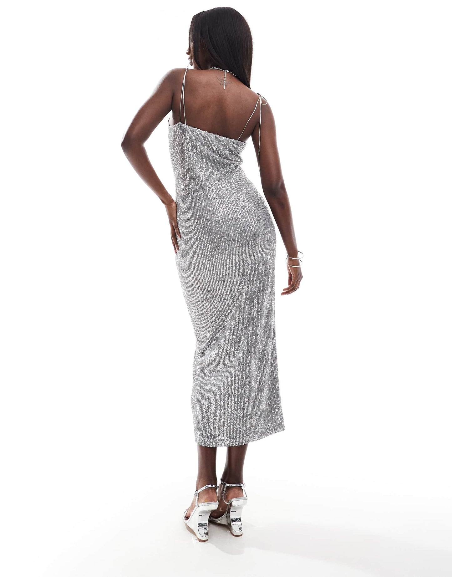ASOS DESIGN sequin draped neckline cami midi dress with skinny ties in silver