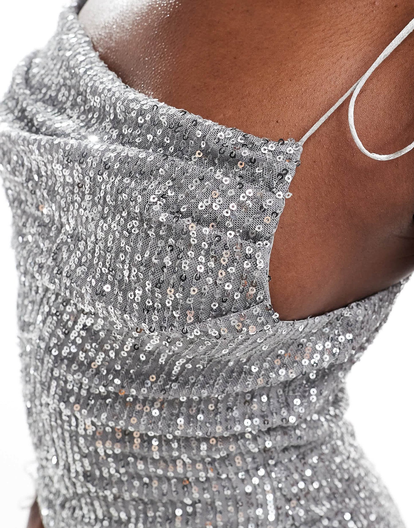 ASOS DESIGN sequin draped neckline cami midi dress with skinny ties in silver
