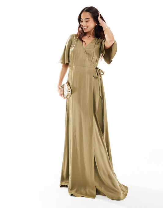 Maids to Measure Bridesmaid flutter sleeve maxi dress in olive