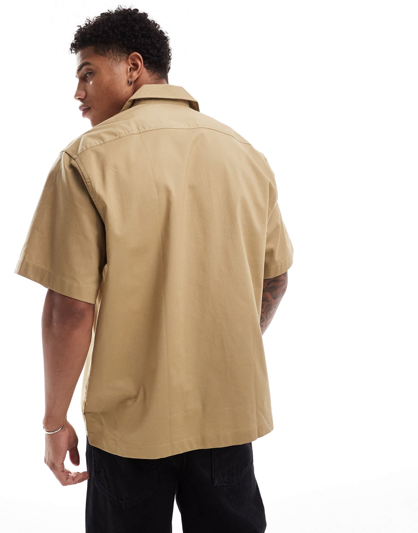 Selected boxy oversized revere collar shirt with double pockets in beige
