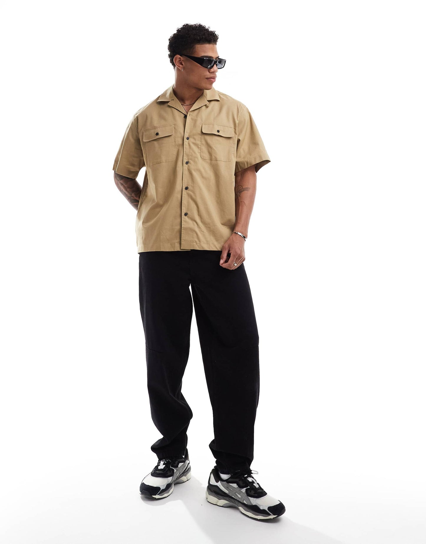 Selected boxy oversized revere collar shirt with double pockets in beige