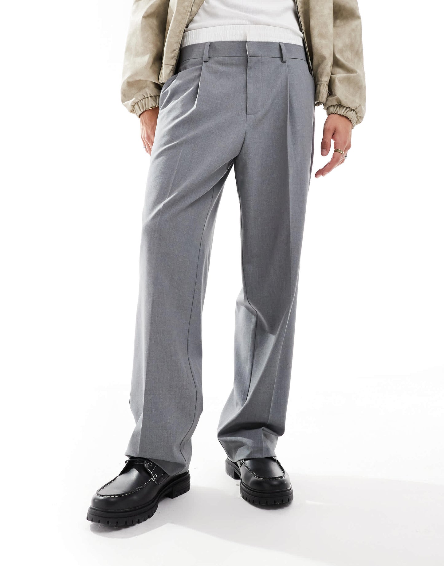 ASOS DESIGN wide leg smart trouser with a white contrast waistband in grey